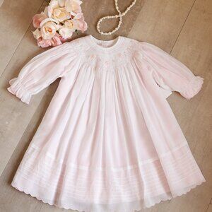 Smocked Dress Long Sleeve Bishop White Pink Embroidery Will'beth 18/24 Months